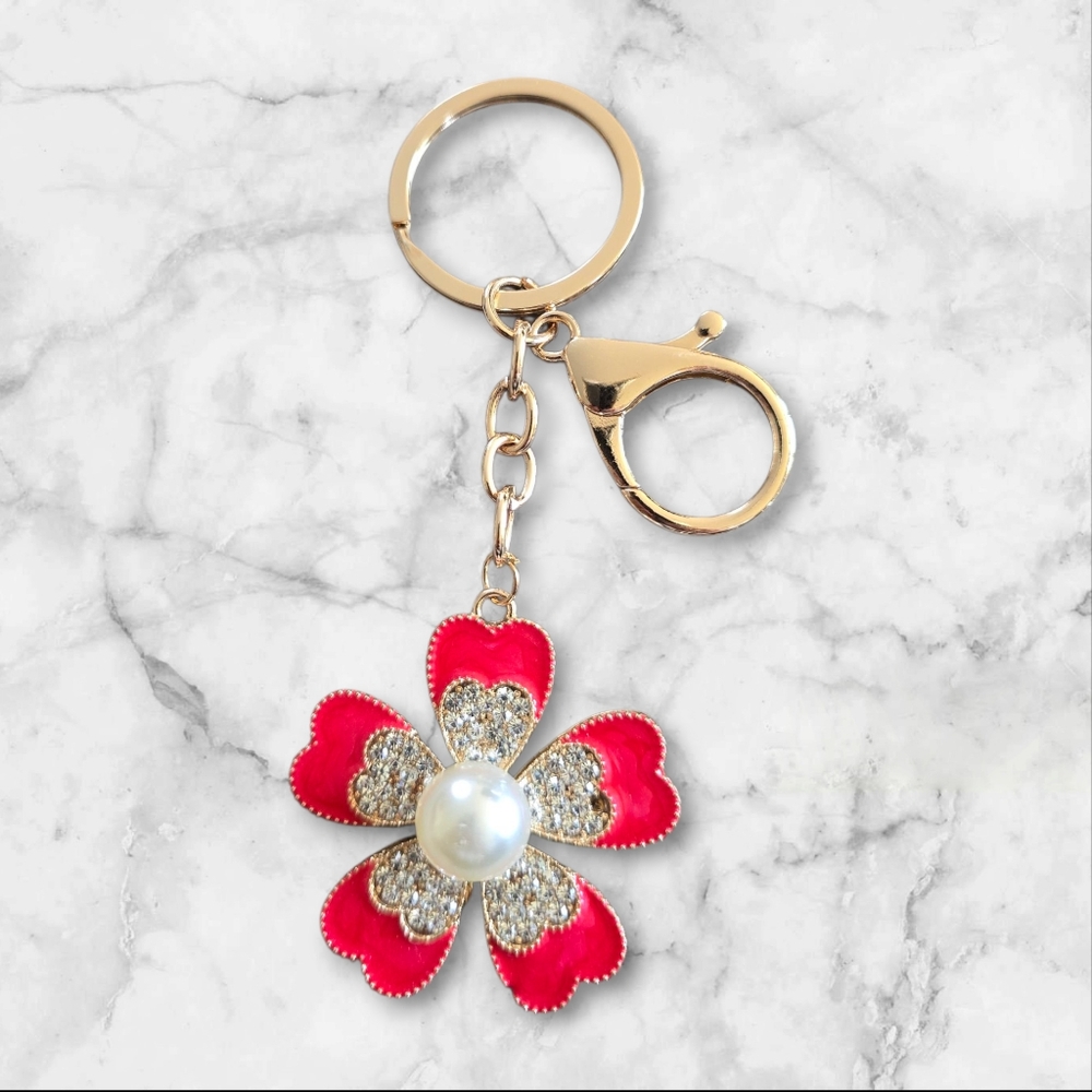 Elegant Red Flower Clover Keychain/Purse Charm with Pearl‎ Accent